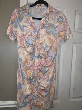 3rd+malt Pastel Marble Print Ruched Shirt Dress Size M EC